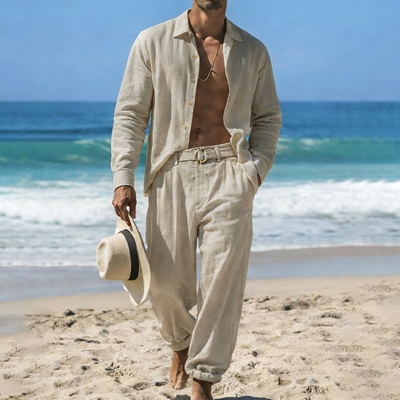 Comstylish Linen Simple Shirt And With Belt Trousers Vacation Set