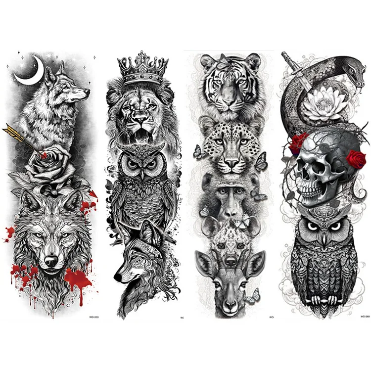 4 Sheets Wolf Tiger Owl Snake Skull Full Arm Sleeves