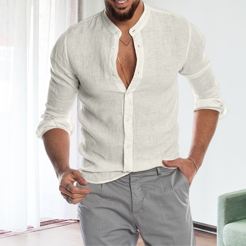Long-Sleeved Loose-Fitting Men's Shirt With A Stand-up Collar In Linen