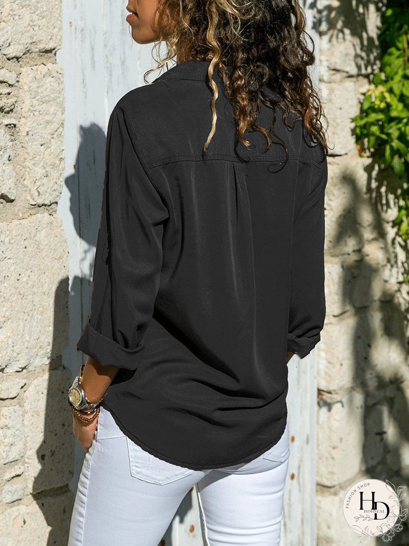 Blouses Lapel Button Pocket Long Sleeve Blouse for Women