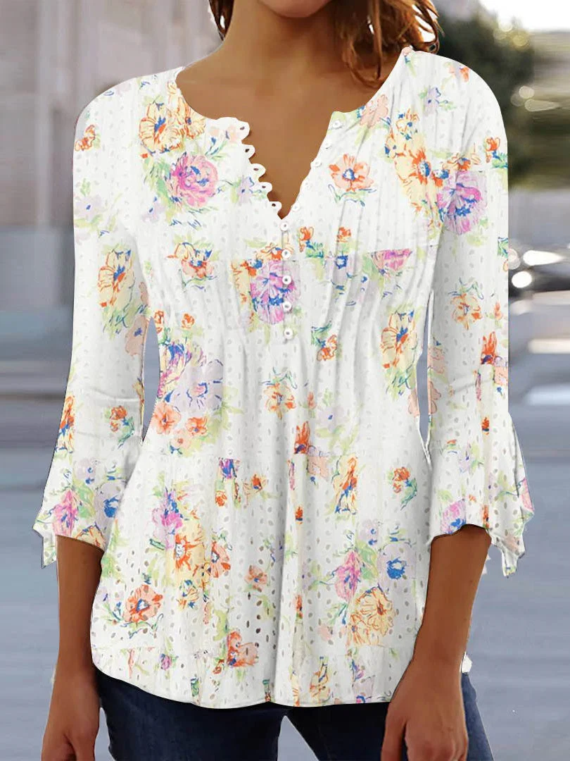 Women 3/4 Sleeve V-neck Floral Printed Tops