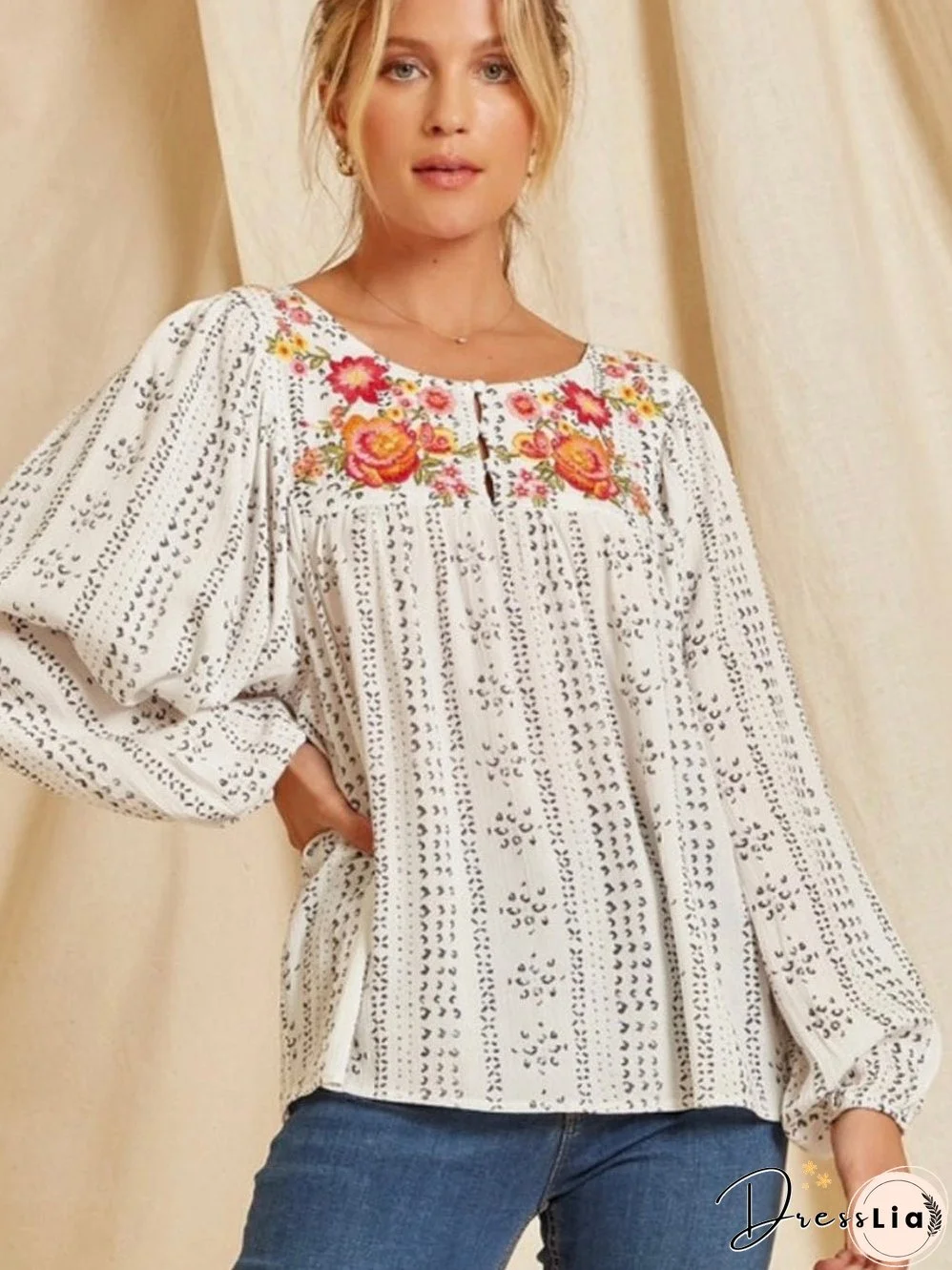 Beige Floral Embroidered Long Sleeve Bohemian Blouse