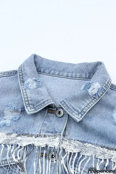 Sequin Fringe Trim Distressed Button Up Denim Jacket