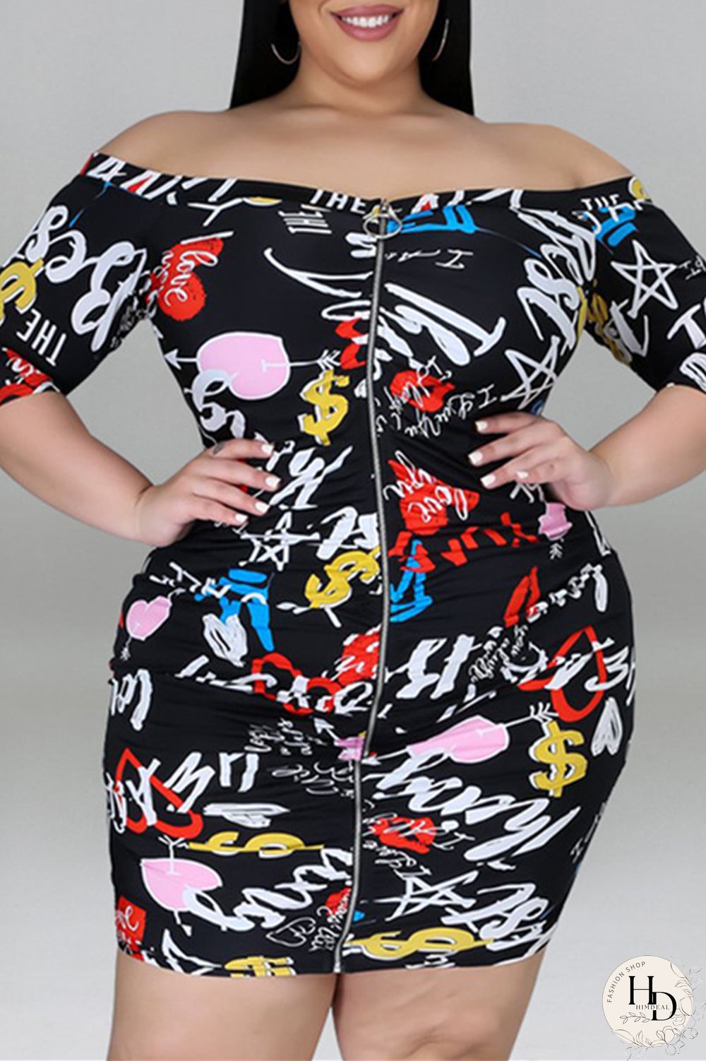 Black Fashion Casual Print Split Joint Zipper Off the Shoulder Long Sleeve Plus Size Dresses