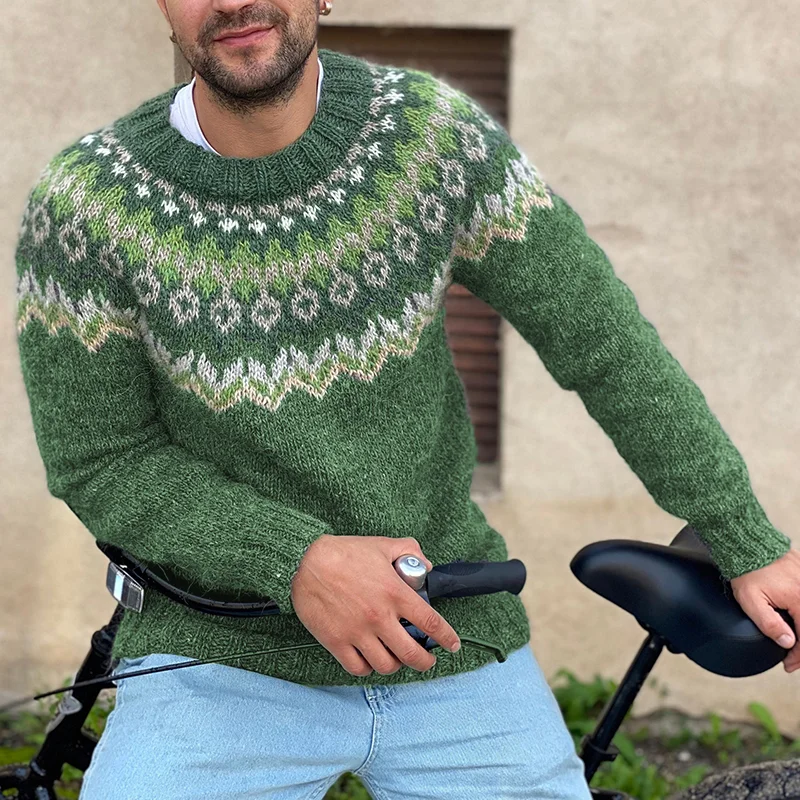 Men'S Vintage Knitted Jacquard Crew Neck Sweater