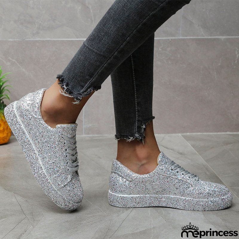 Women's New Cozy Casual Solid Color Sequin Lace-up Shoes