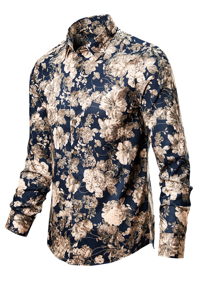 Men's Casual Flower Shirt Fashion Printing Slim Lapel Long-sleeved Shirt