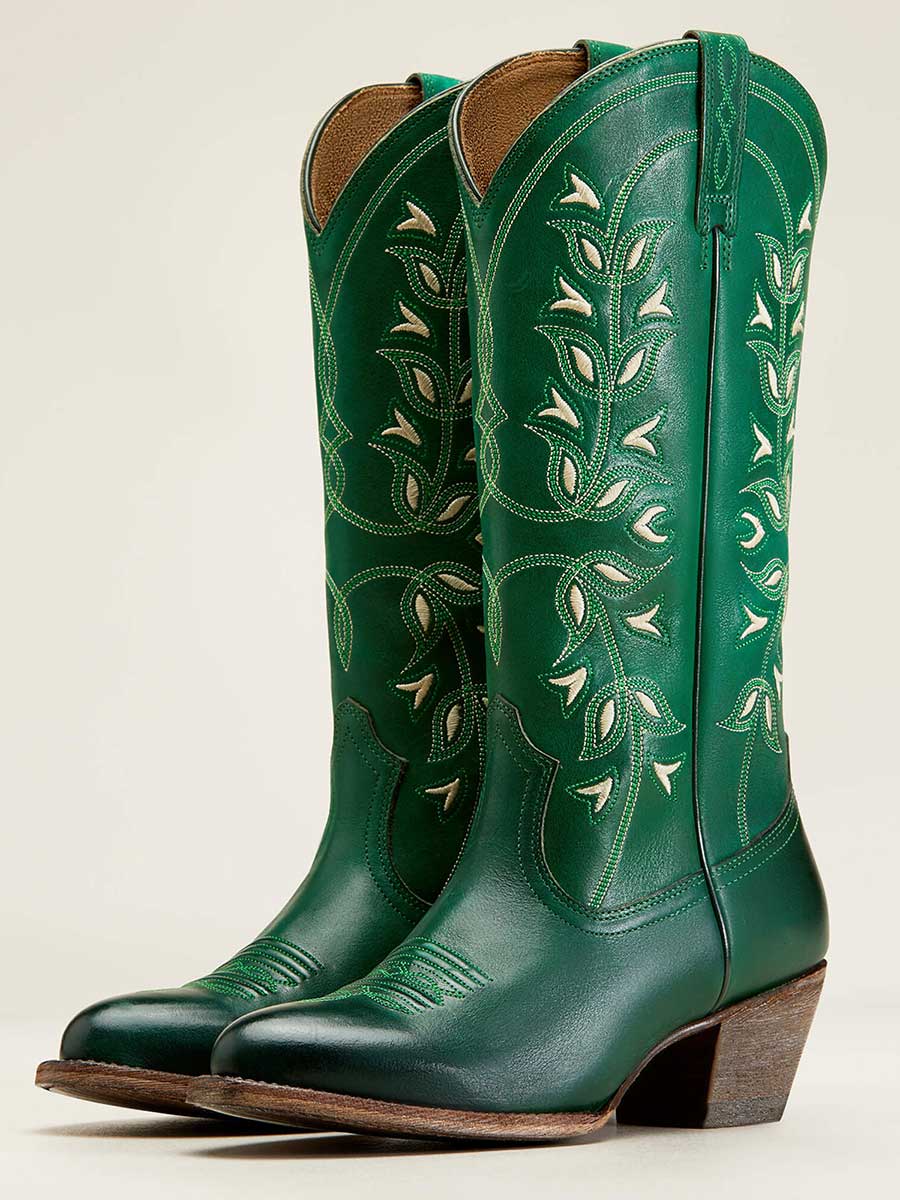 Green Almond Toe Chunky Heel Cowgirl Boots with Floral Embroidered