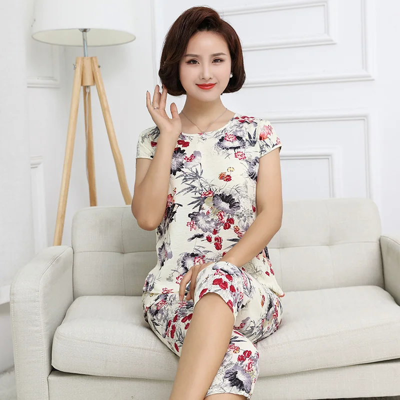 Uaang Womens Nightwear 2pc Tops Pants Sleep Pajamas Sets Sleepwear Summer Cotton Nightgown Robe Clothes