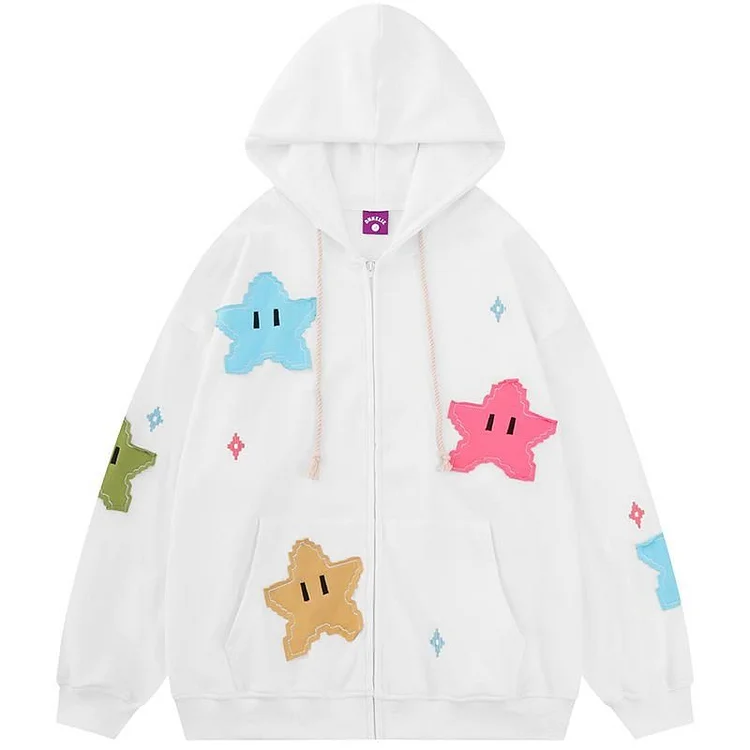 Star Patch Women's Clothing Simple Embroidery Kpop Hoodie Goth Wild Y2k Kawaii Pullovers Winter Button Top Zip