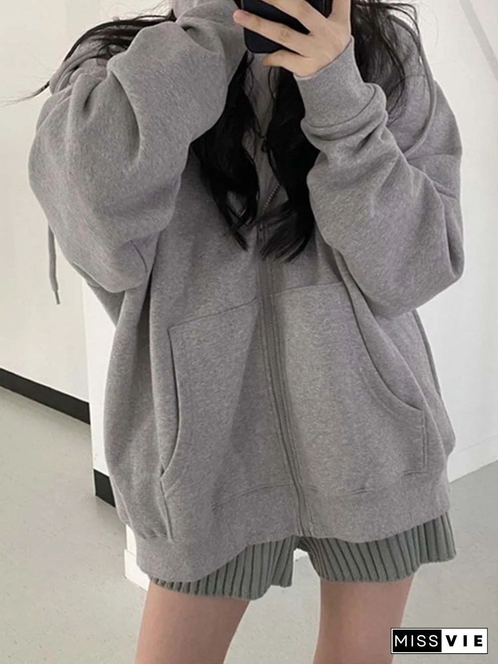 Women Hoodies Harajuku Korean Version Loose Sweatshirts Vintage Solid Color Long Sleeve Hooded Sweatshirt Zipper Coats
