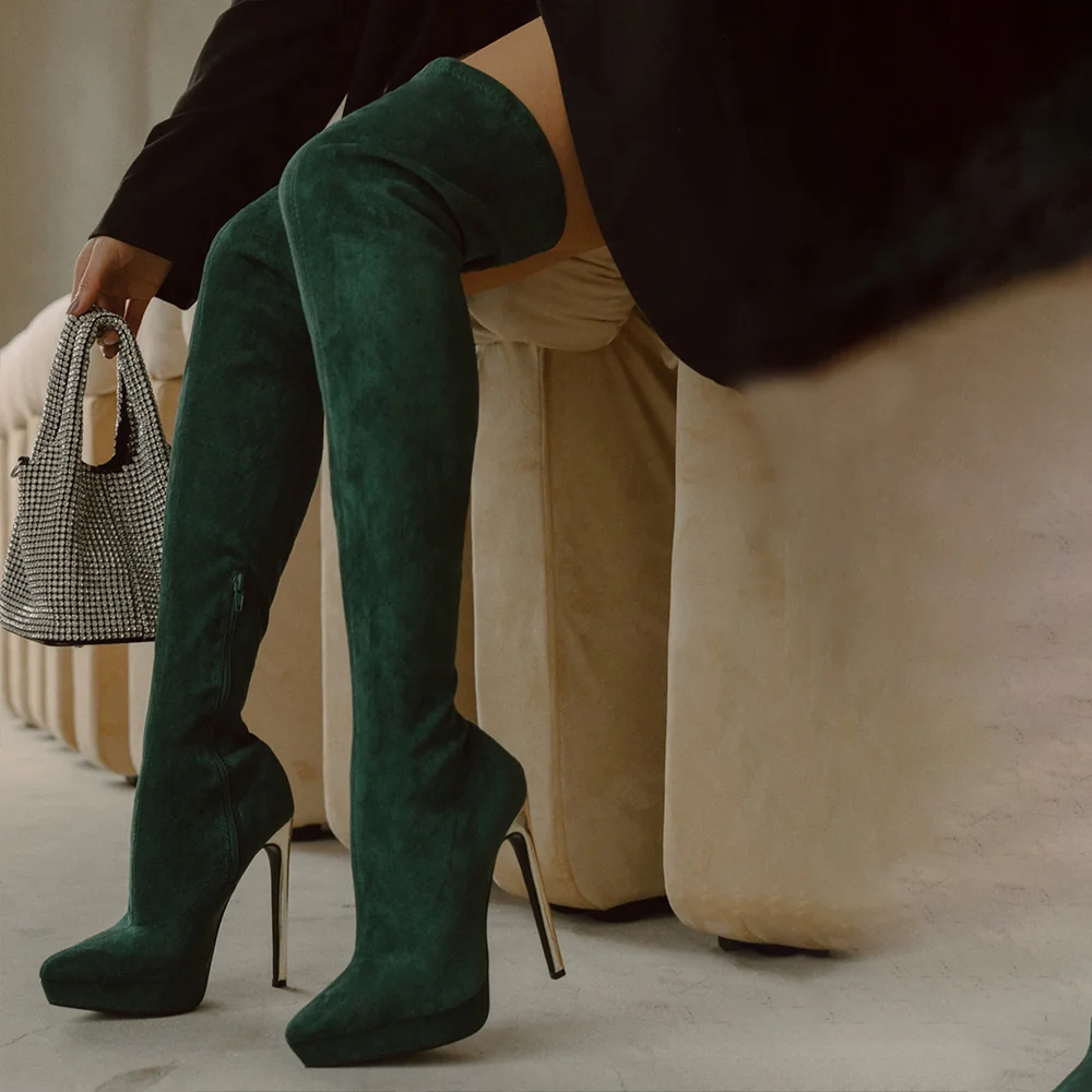 Green Suede Almond Toe Platform Over The Knee Boots