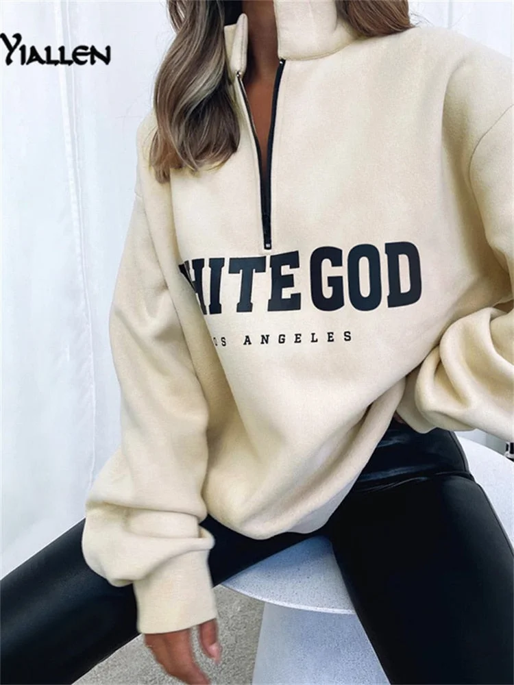 Yiallen Autumn New Fashion Casual Street Print Letter Loose Pullover Hoodies For Women Simple Warm Thicken Sweatshirts Female