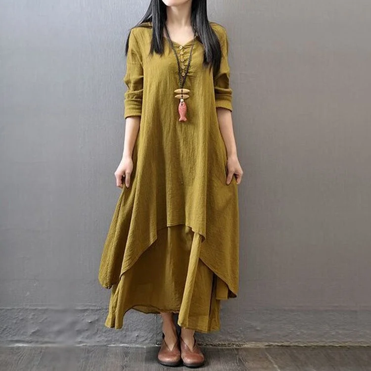 Uveng Two-piece Long Linen Dress Loose Sleeve Dresses