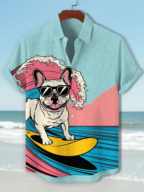 Men's French Bulldog Surfing Art Print Casual Shirt