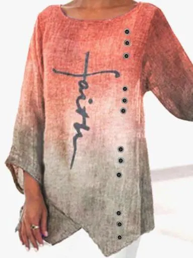 Irregular Hem Round Neck Printed Top