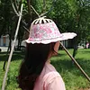 2 in 1 Bamboo Foldable Hand Fan Sun Hat Floral Printed Chinese Style Handheld Foldable Wide Brim Hat for Women Outdoor Beach Travel Accessory
