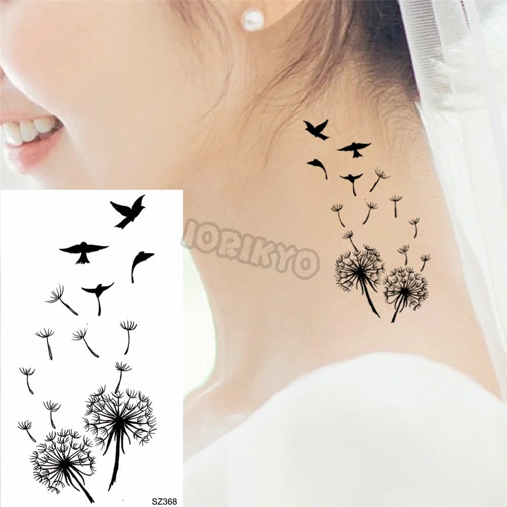 Black Pencil Sketch Henna Lotus Temporary Tattoos For Women Girls Realistic Planet Dandelion Fake Tattoo Sticker Back Arm Tatoos