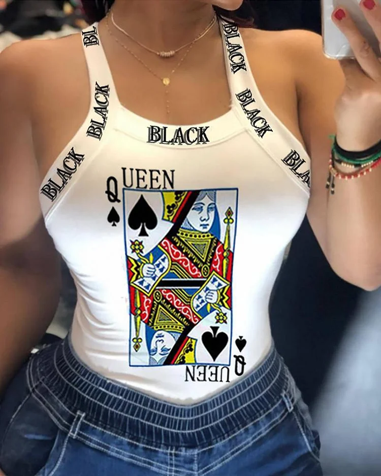 Thick Strap Backless Letter Poker Print Sporty Top