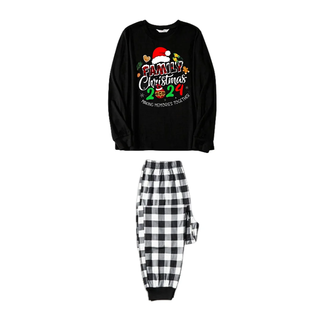 Family Christmas 2024 Making Memories Together Text Print Black Long Sleeve Top with Black And White Plaid Pants Family Matching Pajamas
