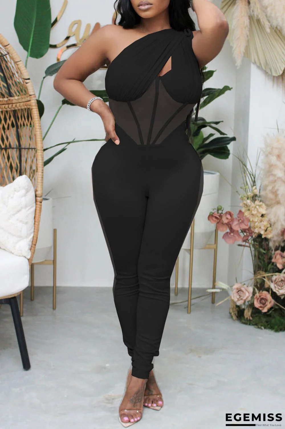 Black Fashion Solid Patchwork See-through Backless One Shoulder Skinny Jumpsuits | EGEMISS