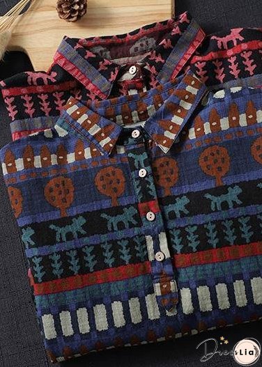 Women Red Ethnic Style Top Silhouette Lapel Loose Spring Shirt