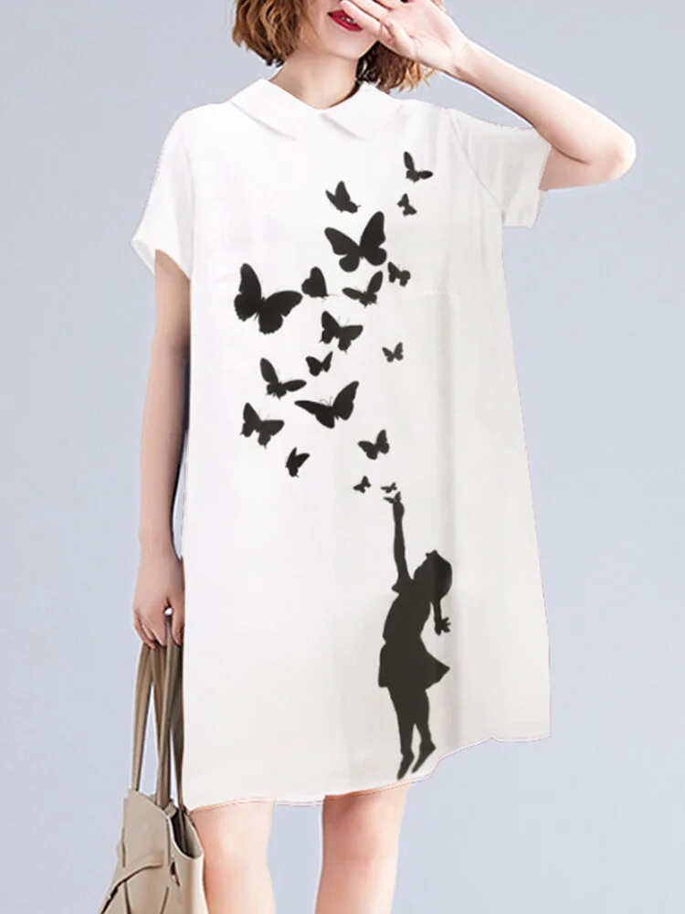 Figure Butterfly Pattern Pocket Short Sleeve Casual Midi Dress