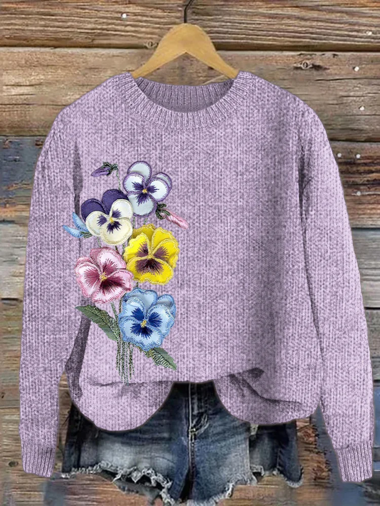 VChics Butterfly Orchid Embroidery Cozy Sweater