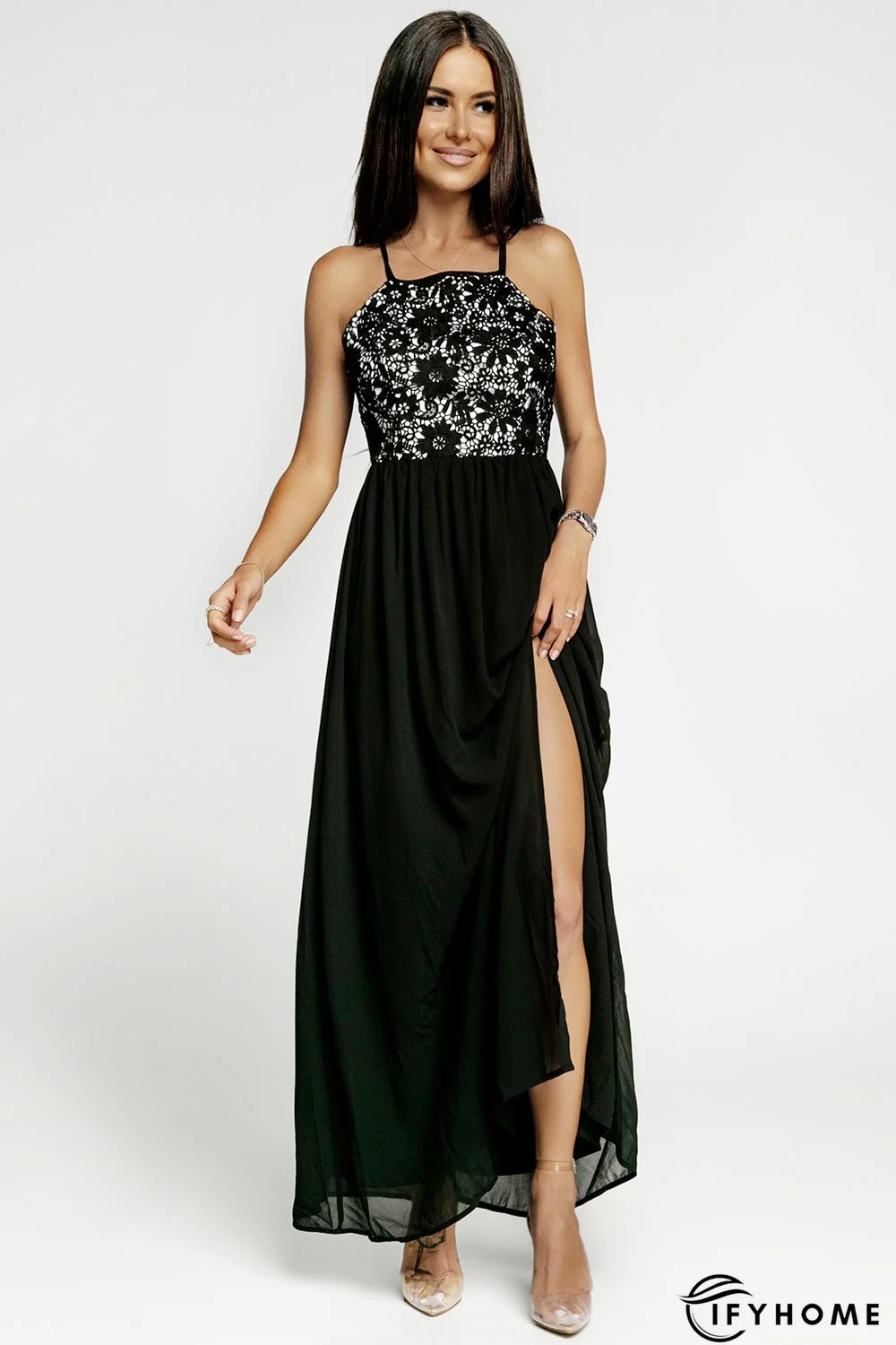 Black Crisscross Backless Lace Chiffon Maxi Dress | IFYHOME