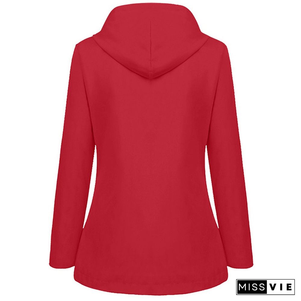 Womens Fashion All Seasons Outdoor Waterproof Rain Jacket Casual Loose Plus Size Hooded