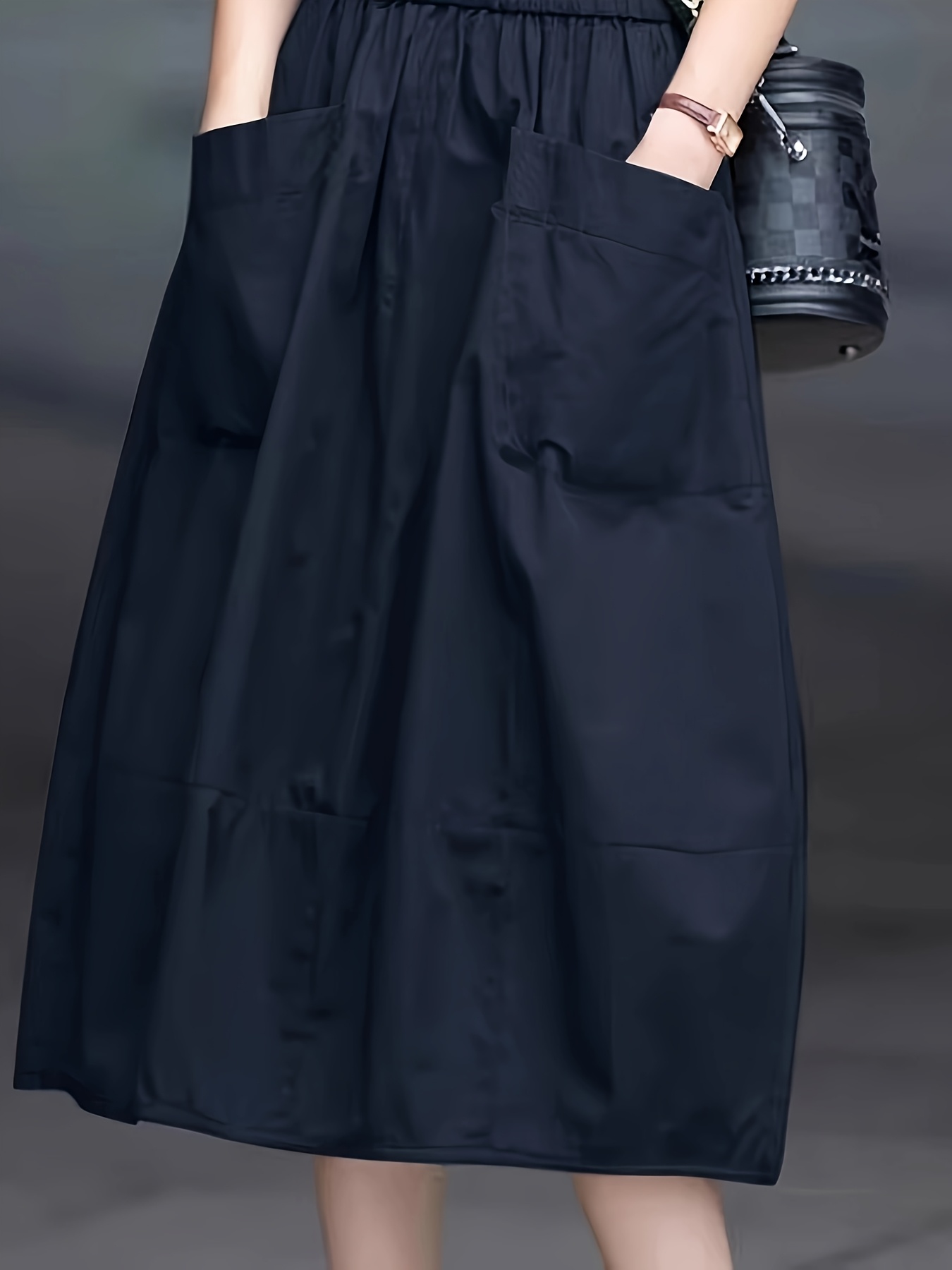 Navy Blue High-Waisted Maxi Skirt With Pockets Elegant Flowy A-Line Cut Non-Stretch | IFYHOME