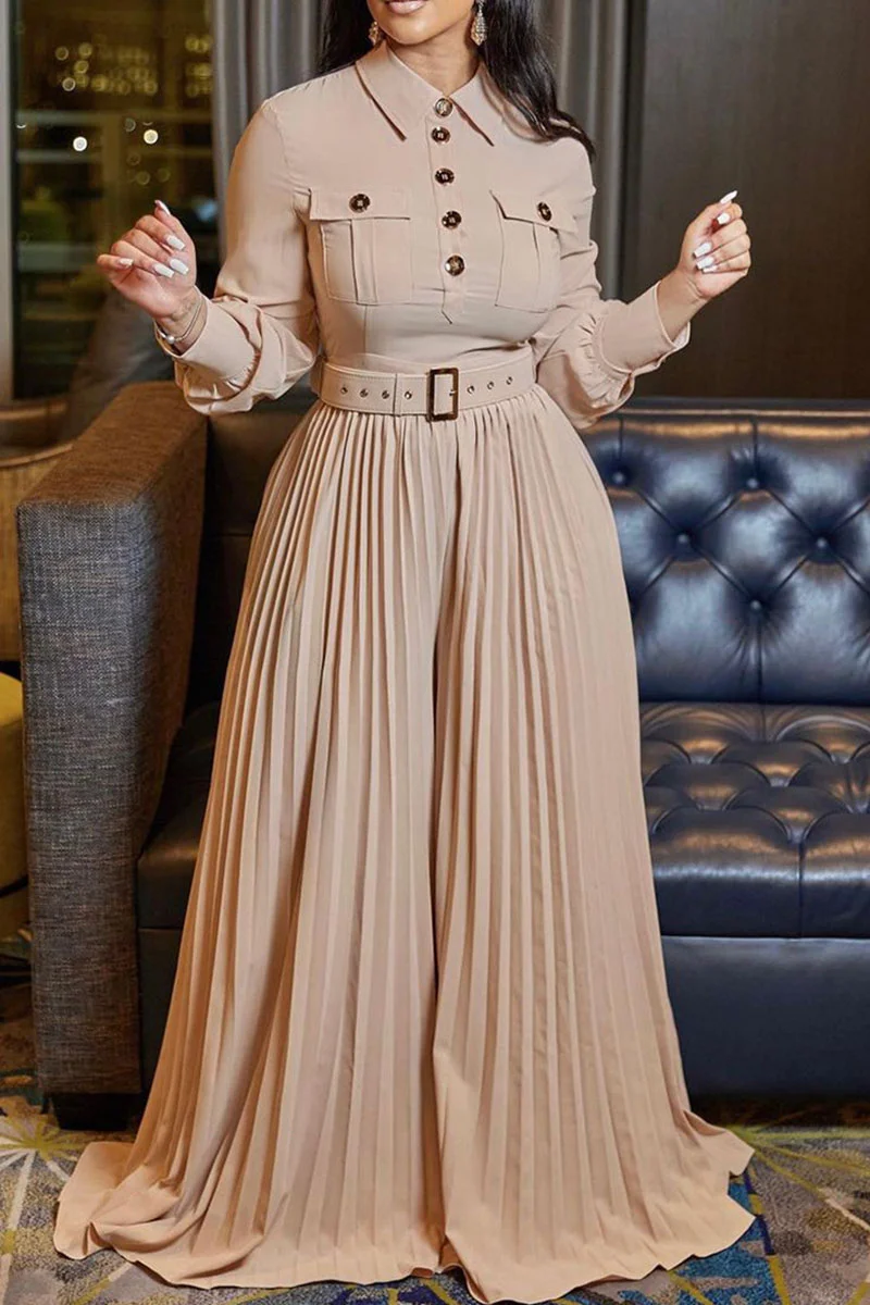 Khaki Casual Elegant Solid Patchwork Buttons Fold With Belt Turndown Collar Straight Jumpsuits | EGEMISS