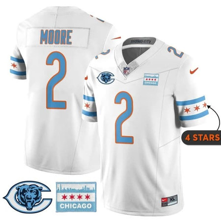 Men's Chicago Bears #2 D.J. Moore White City Edition With Chicago Flag Vapor F.U.S.E. Untouchable Limited Jersey