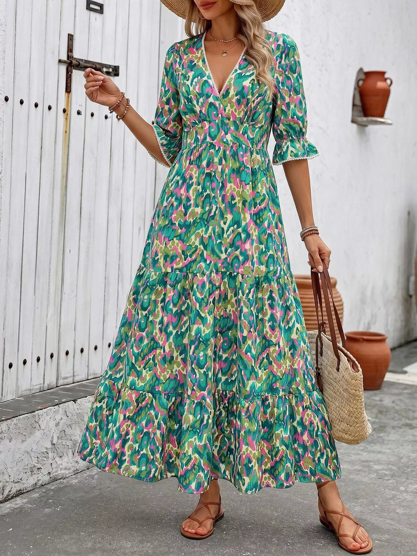 Printed V-Neck Flounce Sleeve Dress mysite idetrend