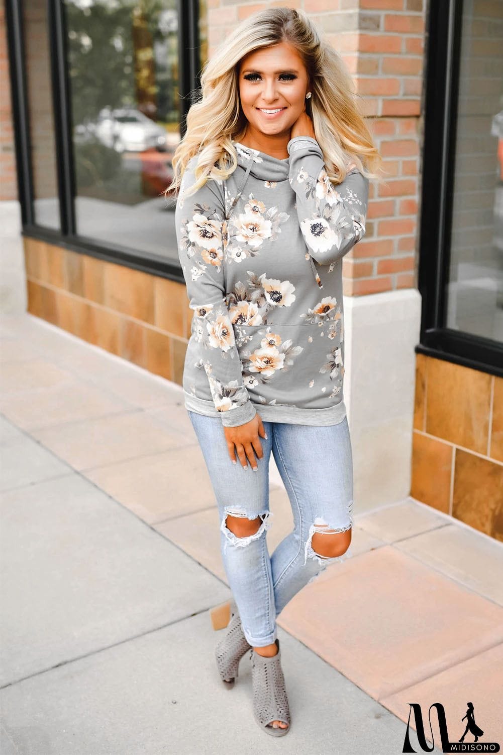 MidiSono - Floral Hoodie with Kangaroo Pocket