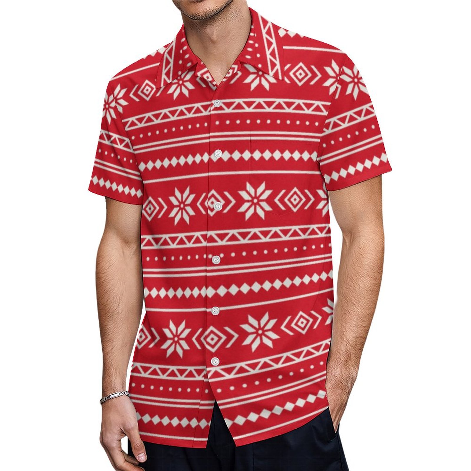 Nordic Knit Fair Isle Sweater Winter Snowflake Red Hawaiian Shirt Mens Button Down Tropical Hawaii Beach Shirts