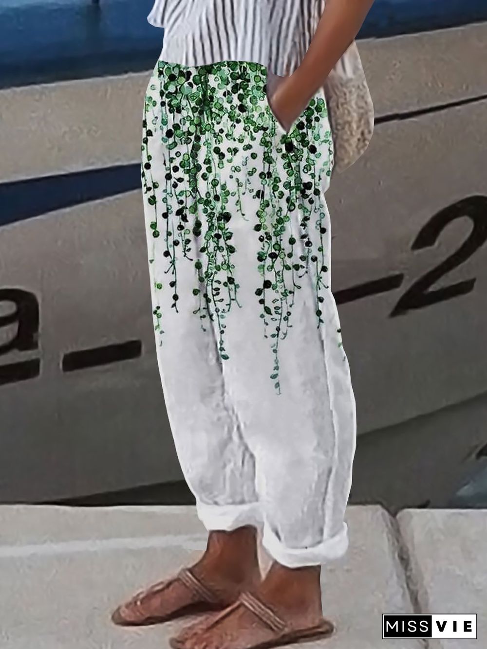 Linen Leaves Casual Loosen Pants