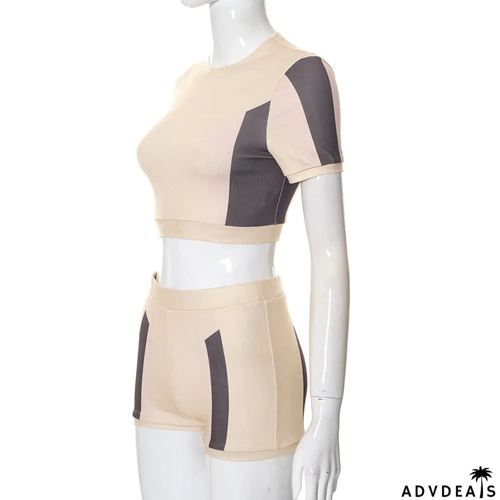 Women Summer Color Block Crop T-Shirt and Shorts Two-Piece Set