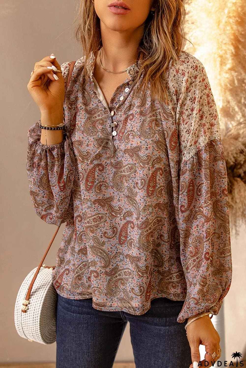 Paisley Print Quarter Button Balloon Sleeve Blouse
