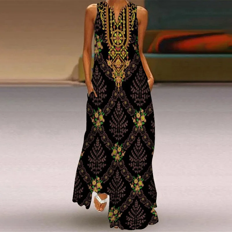 Tribal Embroidered Collar Print Contrast Maxi Dress