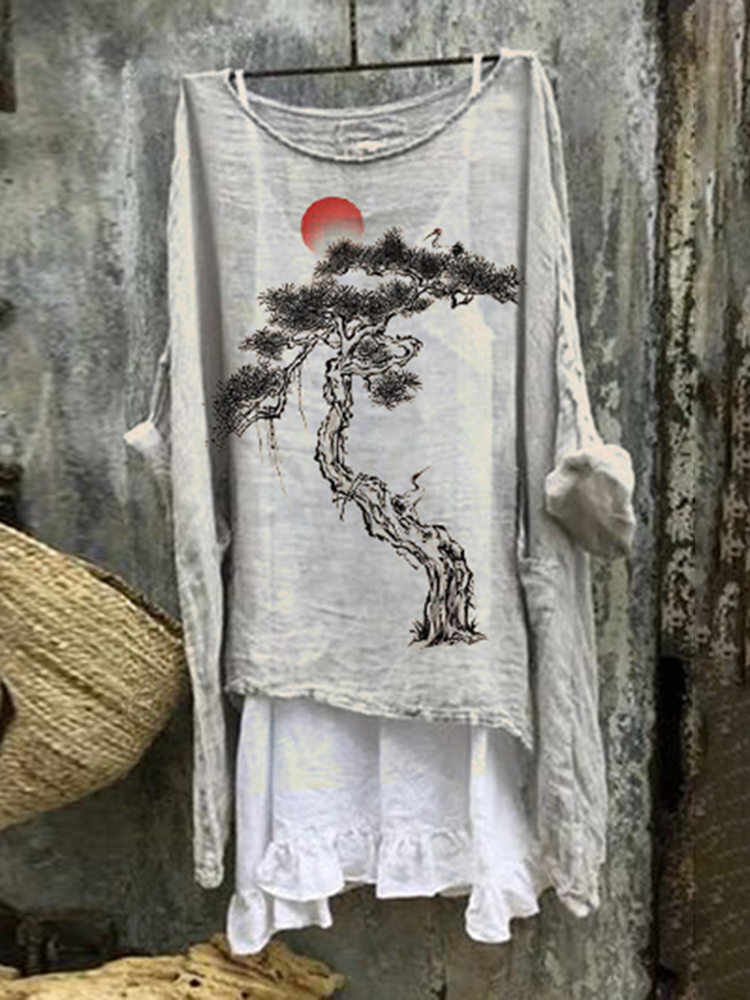 Vintage Japanese Art Pine Cotton Linen Round Neck Casual Shirt
