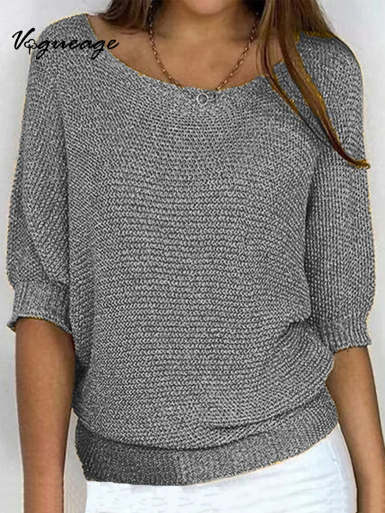 Solid Color Round Neck Commuting Elegant Three-Quarter Sleeve Knitted Sweater