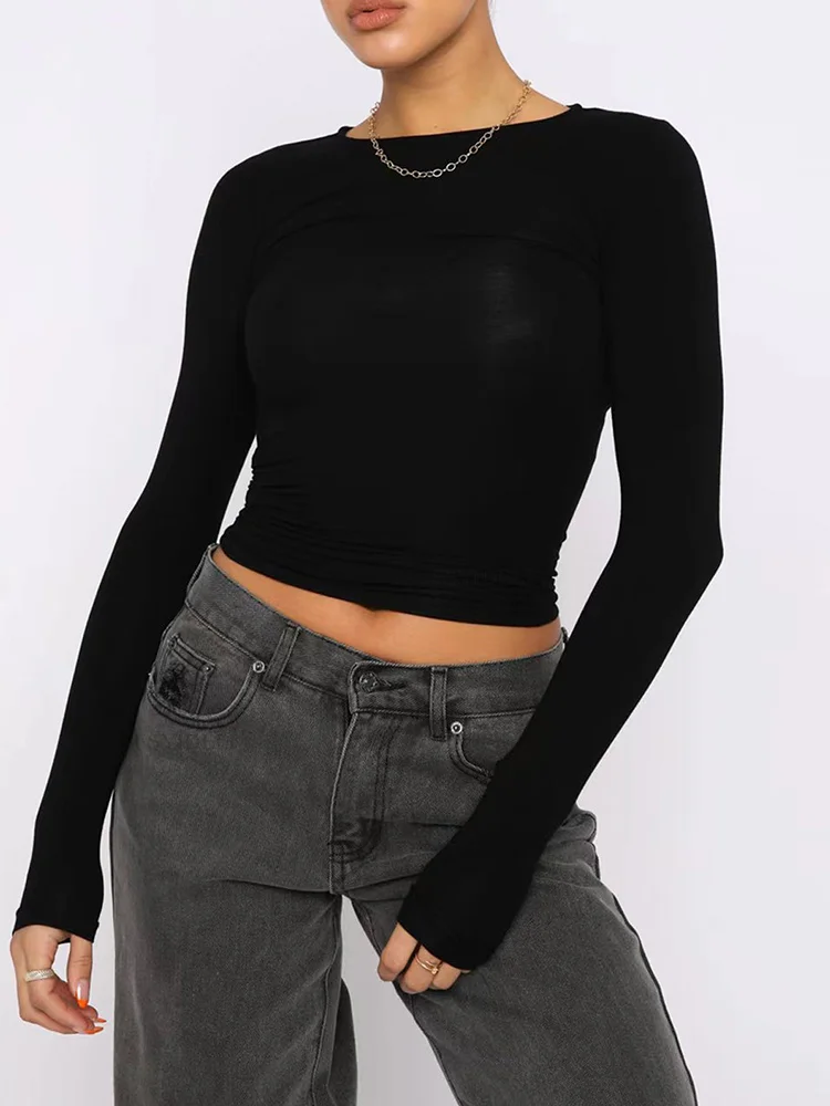 Uaang Women Spring Autumn Long Sleeve T-Shirts Tops Solid Slim Fit Pullovers Causal Tees Shirts Female Streetwear Base Tees