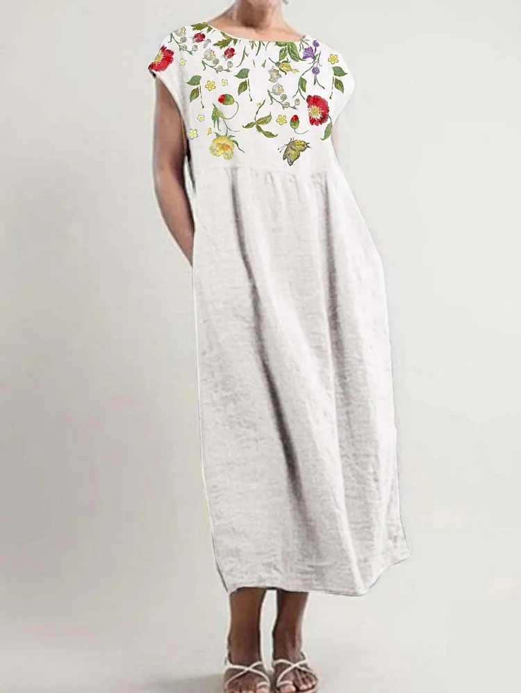 Ursime Women's Floral Print Short Sleeve Casual Loose Midi Dress