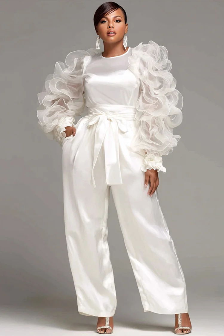 Xpluswear Design Plus Size Formal Tulle White Round Neck Long Sleeve Pocket Elegant 3D Satin Jumpsuits [Pre-Order]