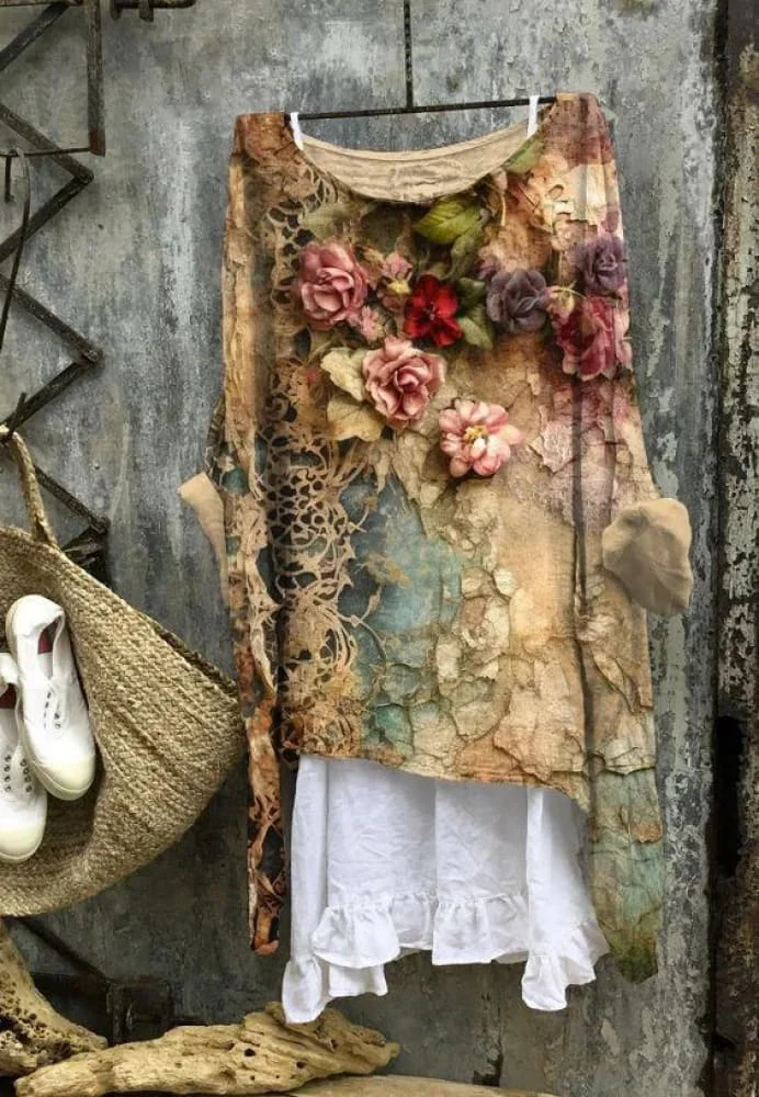 Women's Vintage Flower Art Print Casual Cotton And Linen Shirt