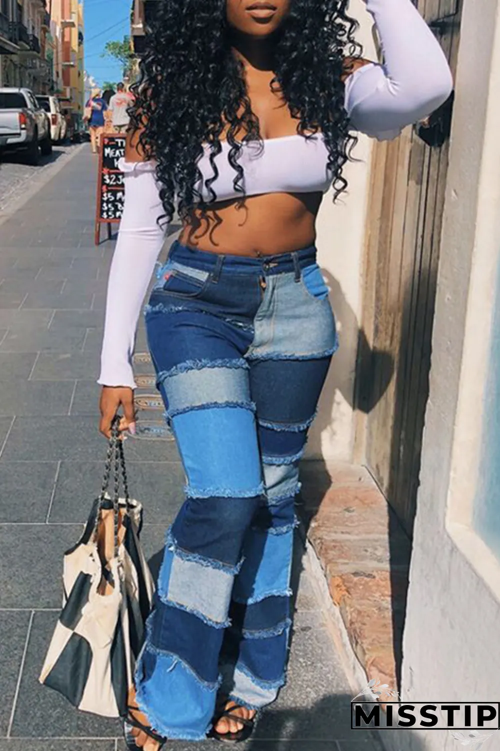 Blue Casual Patchwork Tear High Waist Boot Cut Denim Jeans
