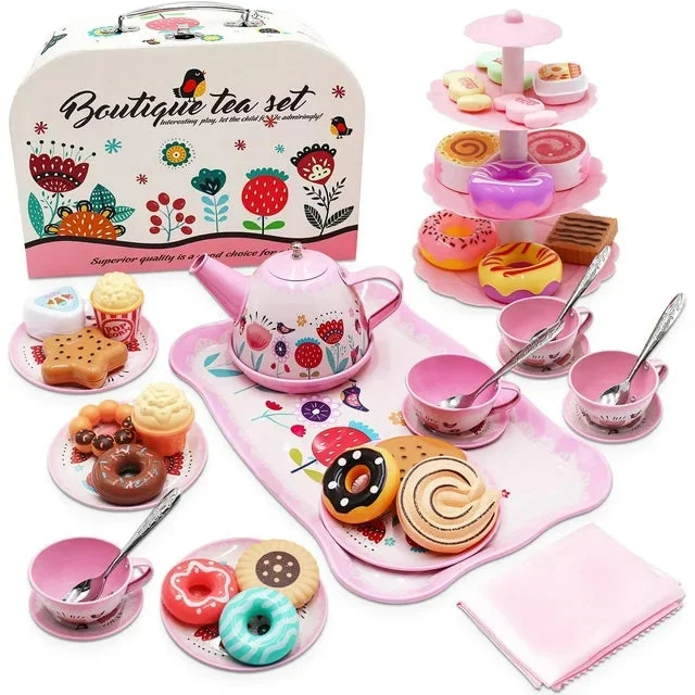 44PCS Tea Set for Little Girls, Princess Tea Time Toys Playset- Teapot Dishes Dessert & Carrying Case, Kitchen Pretend Play Tin Tea Party Set Gifts for Kids Toddlers Toy (Flower Desgin)