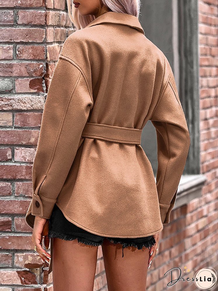 Woolen Strap Button Pocket Coat