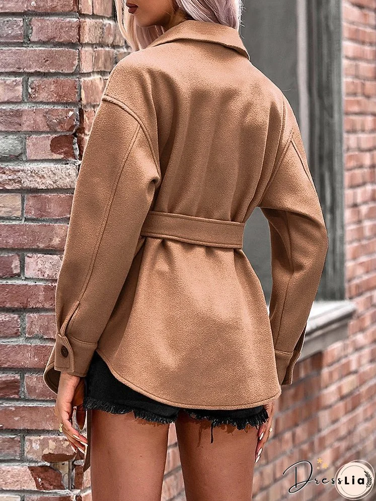 Woolen Strap Button Pocket Coat
